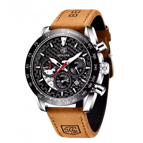 Pánské hodinky BENYAR BY-5175 stříbrno-černé s koženým řemínkem