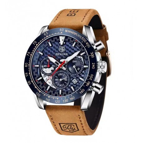 Pánské hodinky BENYAR BY-5175 stříbrno-modré s koženým řemínkem