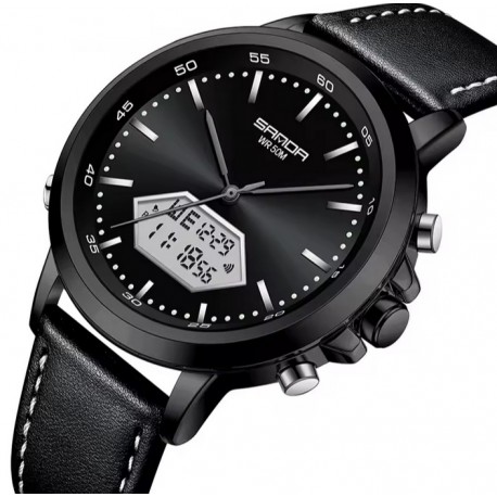 Pánské hodinky Sanda 3301 černé s koženým řemínkem