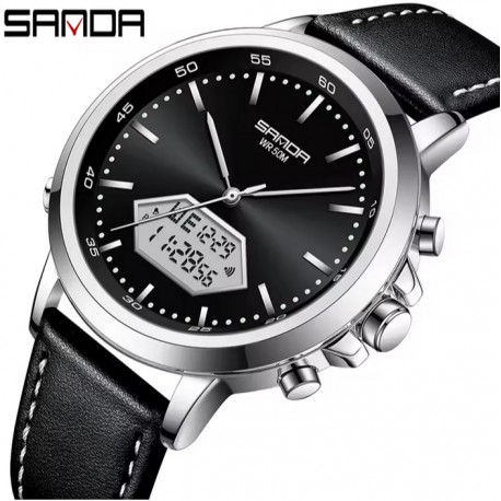 Pánské hodinky Sanda 3301 stříbrno-černé s koženým řemínkem