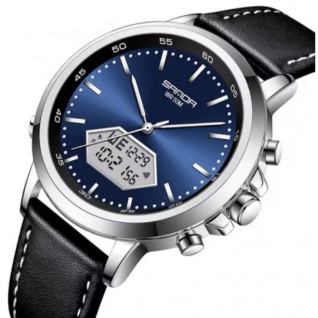 Pánské hodinky Sanda 3301 stříbrno-modré s koženým řemínkem